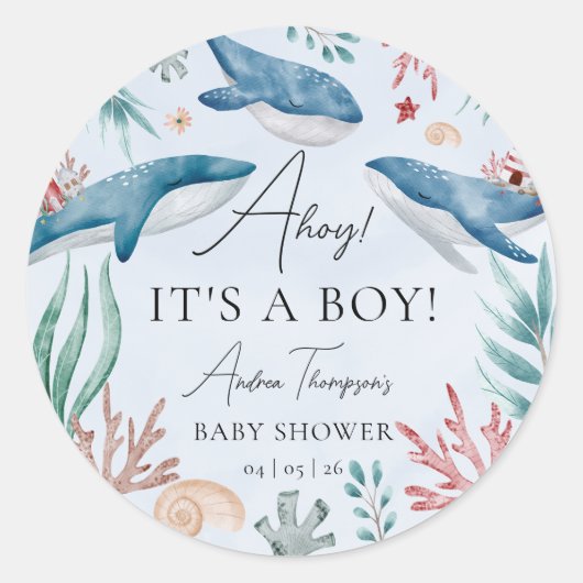 Onder het Zee Blue Whale Boy Baby shower Ronde Sticker (Voorkant)