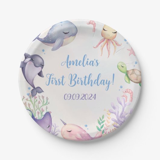 Onder het Zee Blue Zee Life 1e verjaardagsfeestje Papieren Bordje (Voorkant)