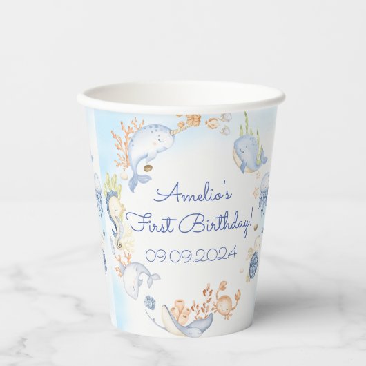 Onder het Zee Blue Zee Life Birthday Party Papieren Bekers (Voorkant)