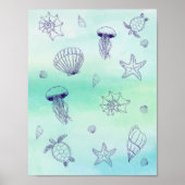 Onder het zee Blue zee schildpad lijn kunst poster (Voorkant)