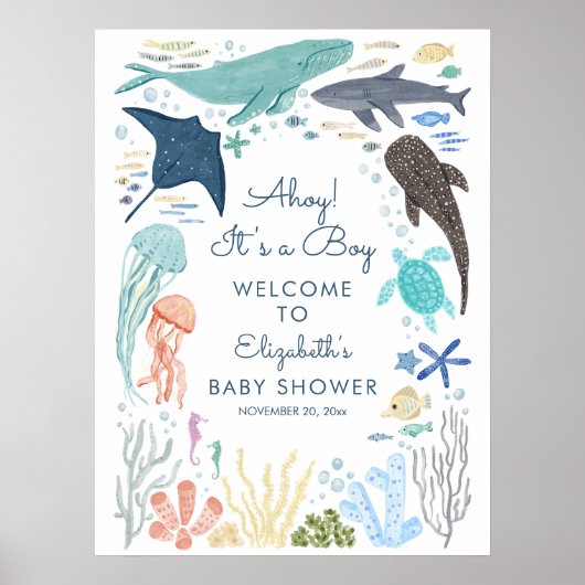 Onder het Zee Boy Baby shower welkomstbord Poster (Voorkant)