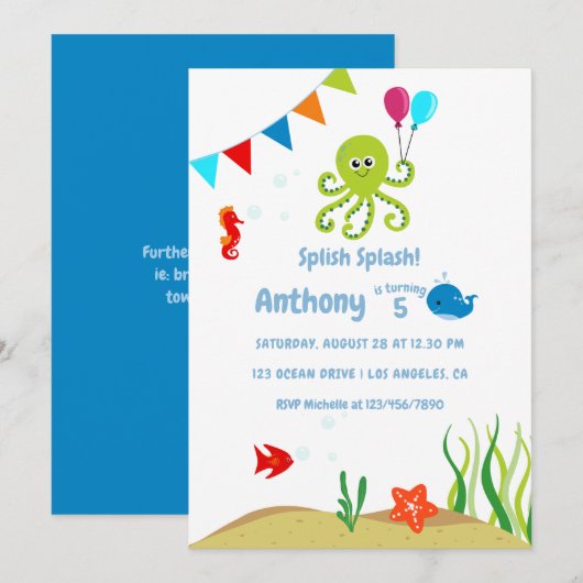 Onder het Zee Boy Birthday Party Kaart (Voorkant / Achterkant)