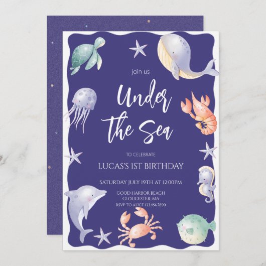 Onder het Zee Boy Birthday Party Kaart (Voorkant / Achterkant)