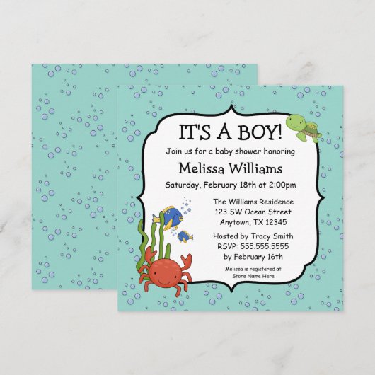 Onder het Zee Bubbles Boy Baby Shower Invitations Kaart (Voorkant / Achterkant)