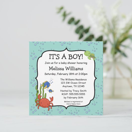 Onder het Zee Bubbles Boy Baby Shower Invitations Kaart (Staand voorkant)