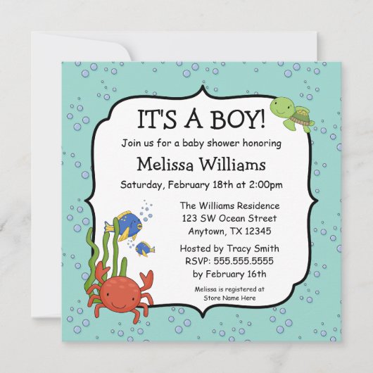 Onder het Zee Bubbles Boy Baby Shower Invitations Kaart (Voorkant)