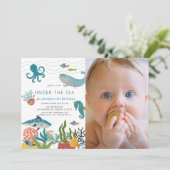 Onder het Zee Creatures 1st Birthday Foto Kaart (Staand voorkant)