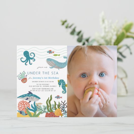 Onder het Zee Creatures 1st Birthday Foto Kaart (Staand voorkant)