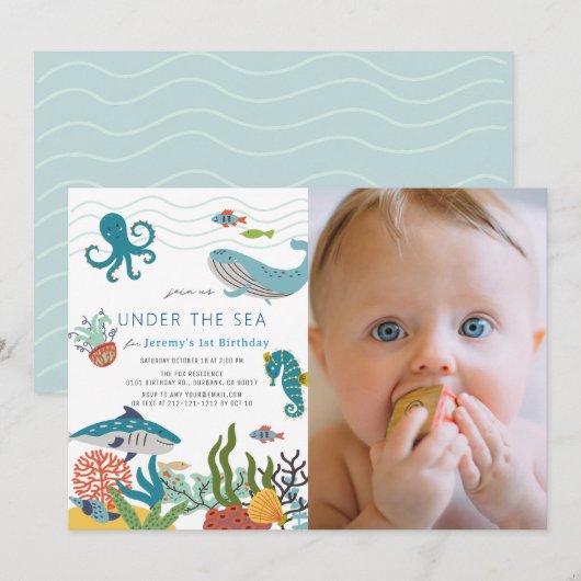 Onder het Zee Creatures 1st Birthday Foto Kaart (Voorkant / Achterkant)