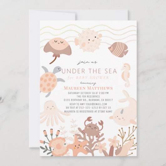 Onder het Zee Creatures Pink Boho Baby shower Kaart (Voorkant)