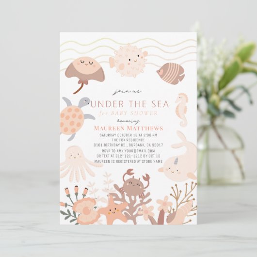 Onder het Zee Creatures Pink Boho Baby shower Kaart (Staand voorkant)