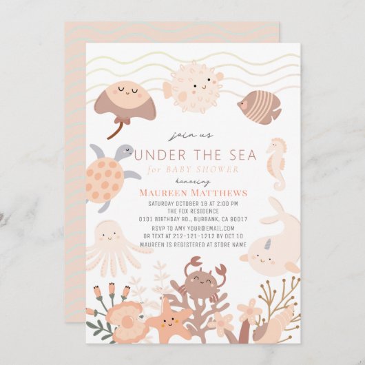 Onder het Zee Creatures Pink Boho Baby shower Kaart (Voorkant / Achterkant)