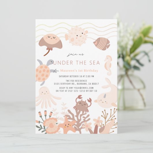 Onder het Zee Creatures Pink Girl Birthday Kaart (Staand voorkant)