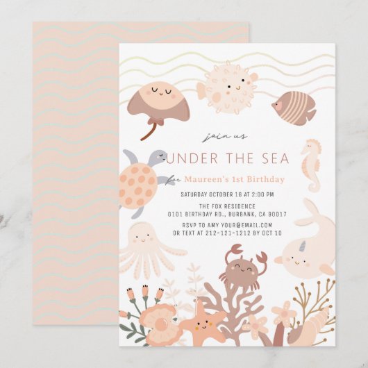 Onder het Zee Creatures Pink Girl Birthday Kaart (Voorkant / Achterkant)