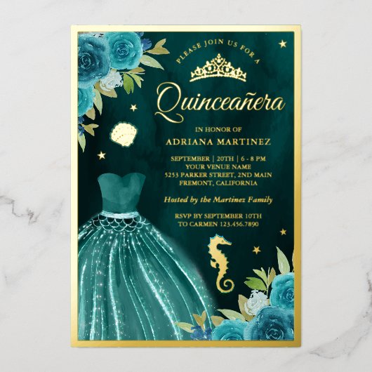 Onder het Zee Dark Blauwgroen Mermaid Quinceanera  Folie Uitnodiging (Voorkant)