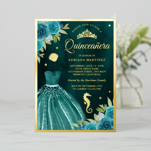 Onder het Zee Dark Blauwgroen Mermaid Quinceanera  Folie Uitnodiging (Staand Voorkant)