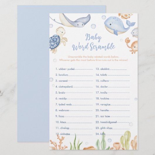 Onder het zee dieren Baby shower Word Scramble (Voorkant / Achterkant)