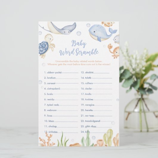 Onder het zee dieren Baby shower Word Scramble (Staand voorkant)