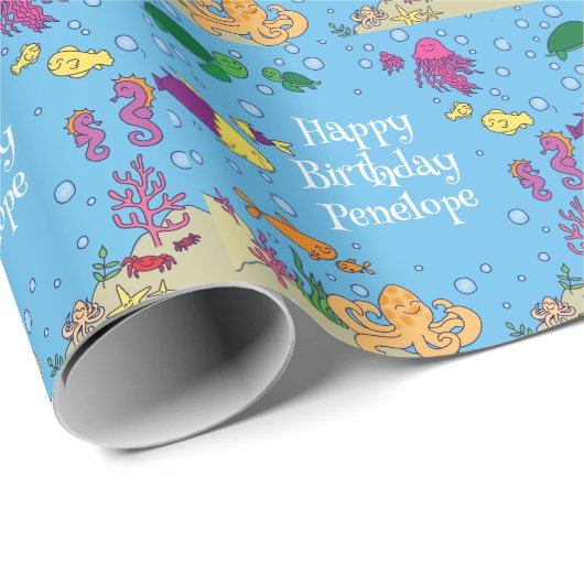 Onder het Zee Dieren Schattige 1e verjaardagsfeest Cadeaupapier (Rol Hoek)