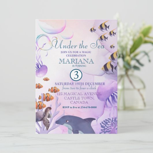 Onder het Zee Dolfijn Paarse vis 3e verjaardag Kaart (Staand voorkant)