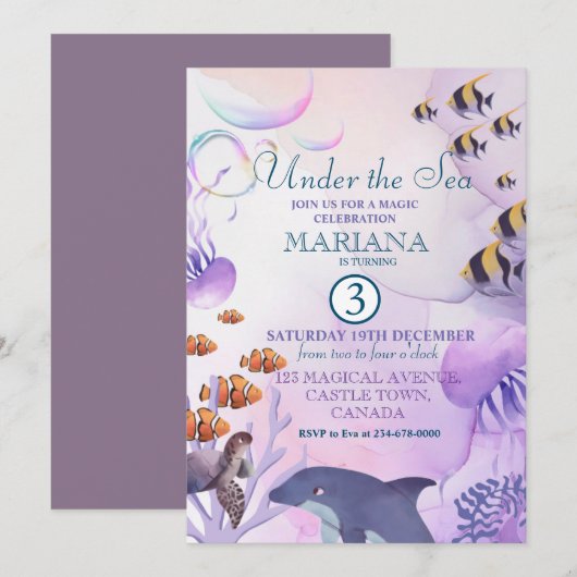 Onder het Zee Dolfijn Paarse vis 3e verjaardag Kaart (Voorkant / Achterkant)