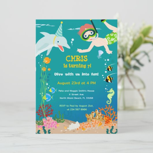 Onder het zee dolfijnen en jongen verjaardagsfeest kaart (Staand voorkant)