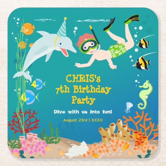 Onder het zee dolfijnen en jongen verjaardagsfeest kartonnen onderzetters (Voorkant)