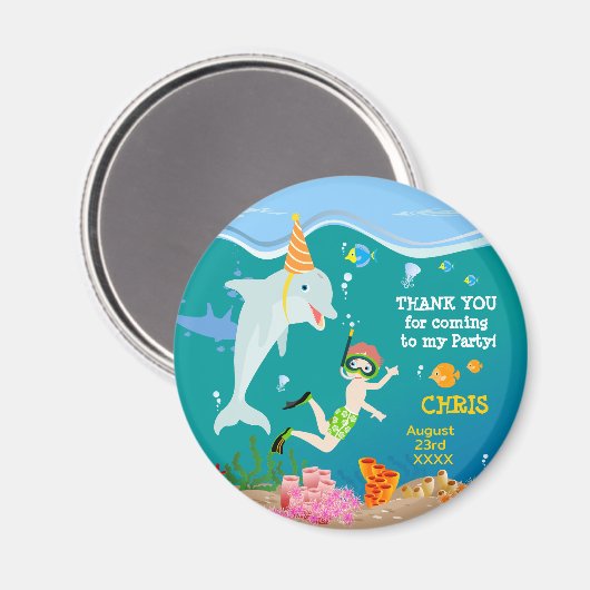 Onder het zee dolfijnen en jongen verjaardagsfeest magneet (Voorkant / Achterkant)