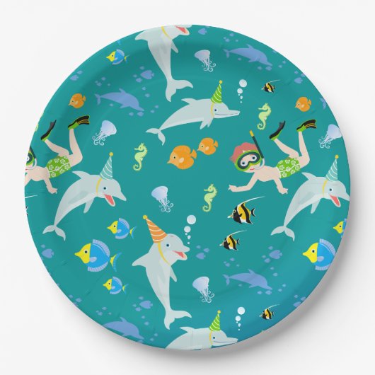 Onder het zee dolfijnen en jongen verjaardagsfeest papieren bordje (Voorkant)