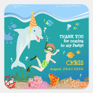 Onder het zee dolfijnen en jongen verjaardagsfeest vierkante sticker