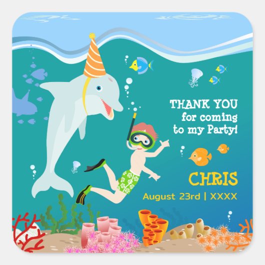 Onder het zee dolfijnen en jongen verjaardagsfeest vierkante sticker (Voorkant)