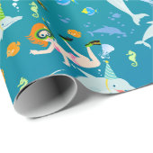 Onder het zee dolfijnen en meisje Verjaardagsfeest Cadeaupapier (Rol Hoek)