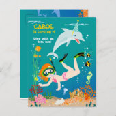 Onder het zee dolfijnen en meisje Verjaardagsfeest Uitnodiging Briefkaart (Voorkant / Achterkant)