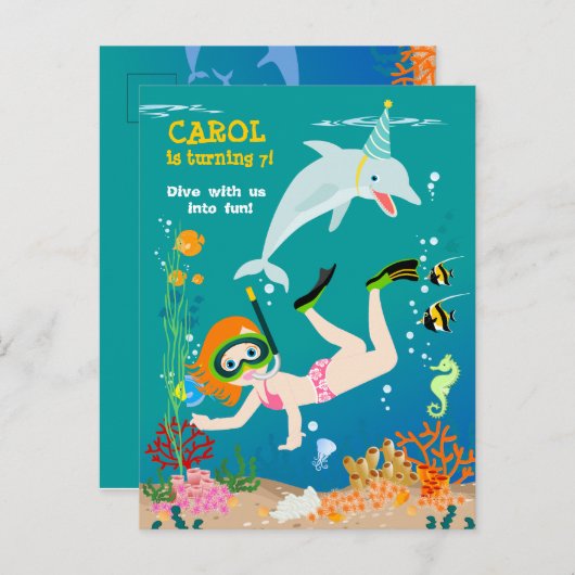 Onder het zee dolfijnen en meisje Verjaardagsfeest Uitnodiging Briefkaart (Voorkant / Achterkant)