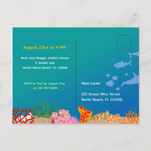 Onder het zee dolfijnen en meisje Verjaardagsfeest Uitnodiging Briefkaart (Achterkant)