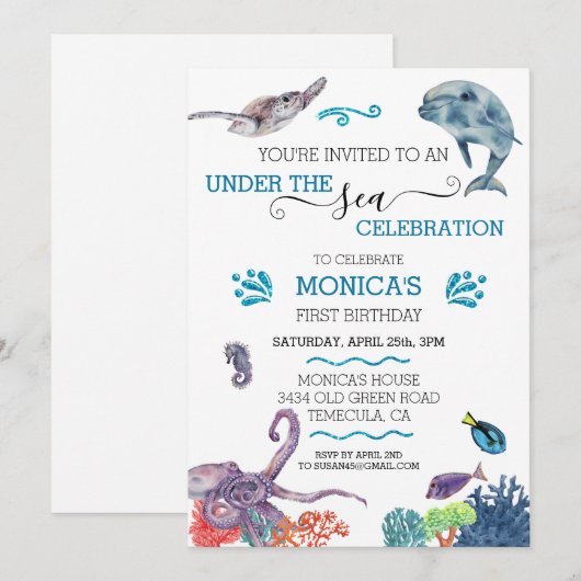 Onder het Zee Dolphin Birthday Ocean Turtle Kaart (Voorkant / Achterkant)