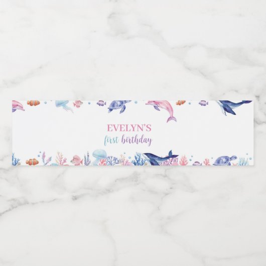 Onder het Zee Dolphin Birthday Water Bottle Label Waterfles Etiket (Enkel label)