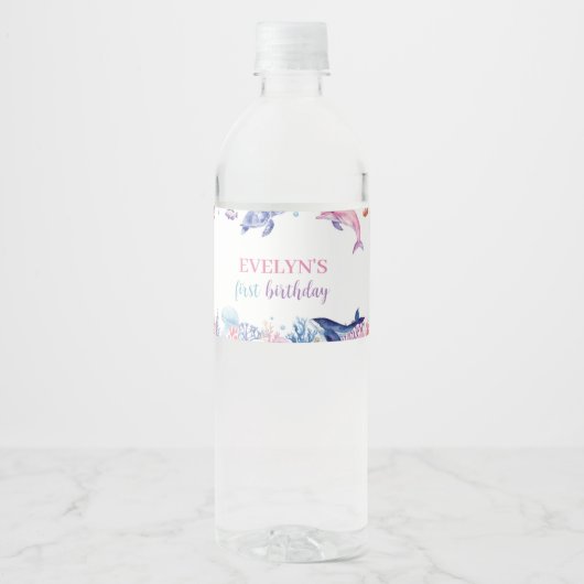 Onder het Zee Dolphin Birthday Water Bottle Label Waterfles Etiket (Voorkant)