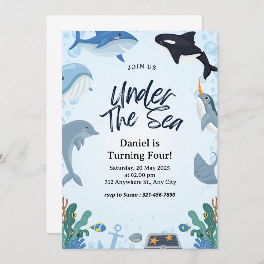 Onder het Zee Dolphin Shark Whales Verjaardag Aankondiging (Voorkant / Achterkant)