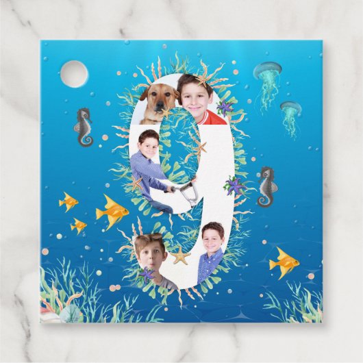 Onder het Zee Foto Collage Big 9th Birthday Bedankjes Labels (Voorkant)