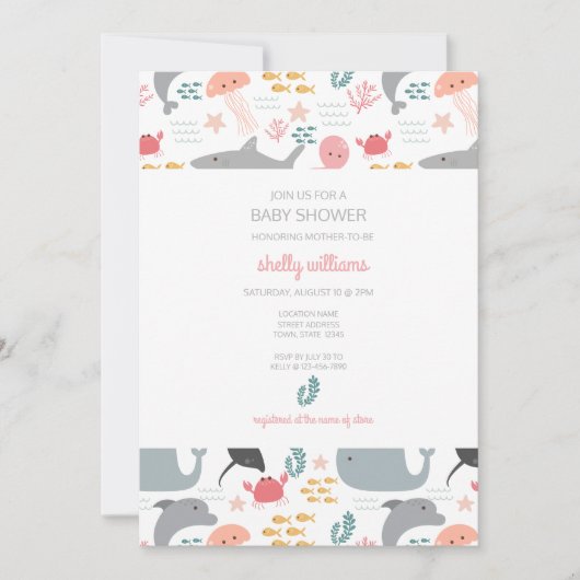 Onder het Zee Friends Pattern Invitation Kaart (Voorkant)