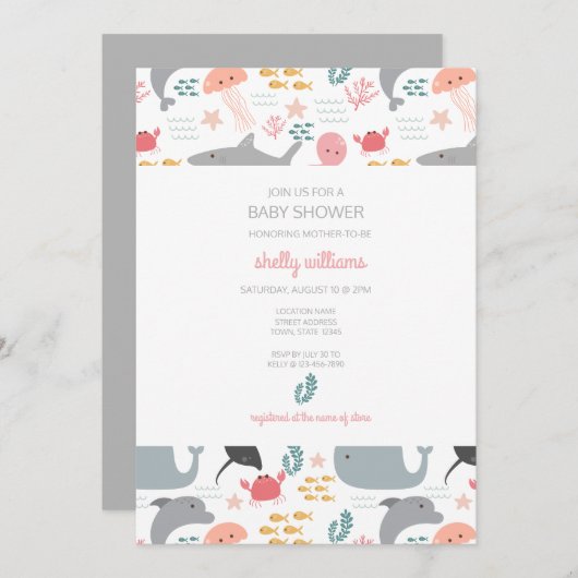 Onder het Zee Friends Pattern Invitation Kaart (Voorkant / Achterkant)