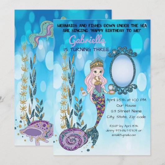 Onder het Zee Glitter Mermaid verjaardagsuitnodigi Kaart (Voorkant / Achterkant)