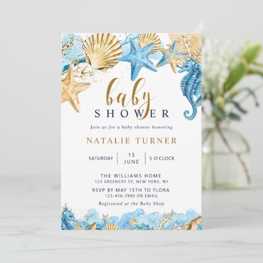 Onder het Zee | Goud en blauw Baby shower Kaart (Staand voorkant)