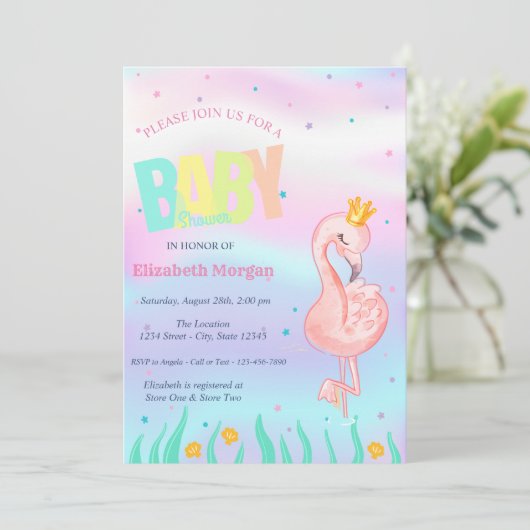 Onder het Zee, Holografisch Baby shower Flamingo Kaart (Staand voorkant)
