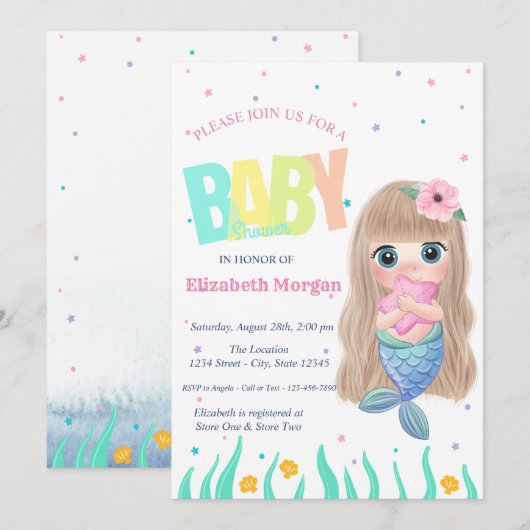 Onder het Zee is Mermaid Seashell Star Baby shower Kaart (Voorkant / Achterkant)