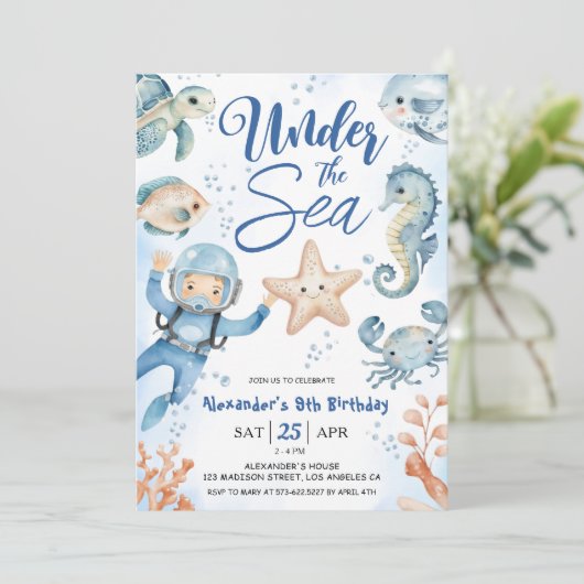 Onder het Zee! Jongen Schattigee Oceaan 9e verjaar Kaart (Staand voorkant)
