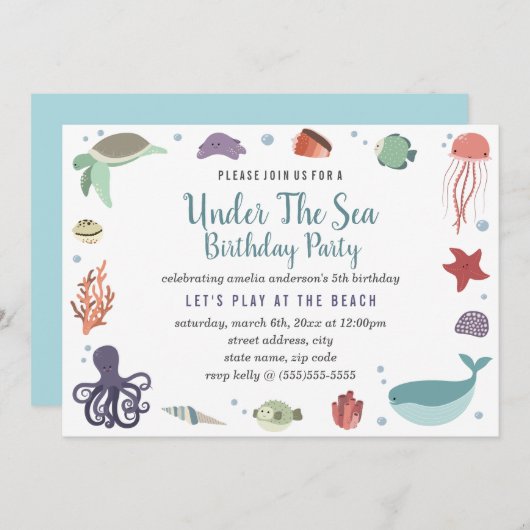 Onder het Zee Kinderverjaardagsuitnodiging Kaart (Voorkant / Achterkant)