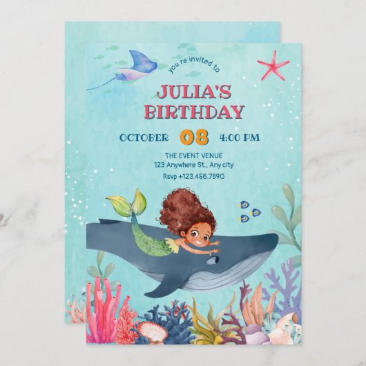 Onder het zee kleine zeemeermin en walvis verjaard kaart (Voorkant / Achterkant)