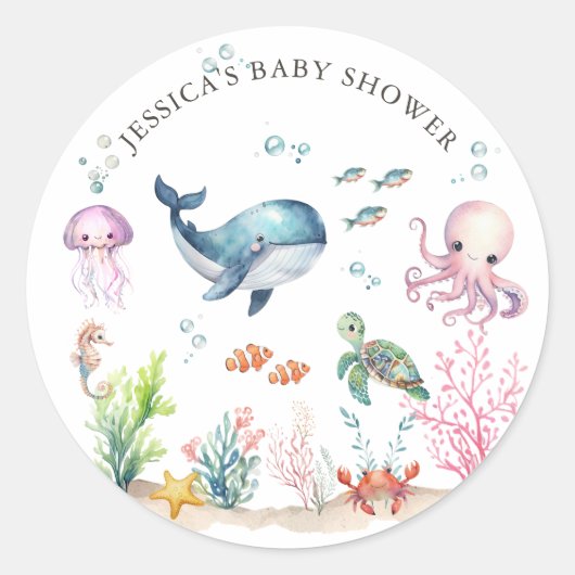 Onder het Zee Kleurrijke Ocean Animals Baby shower Ronde Sticker (Voorkant)